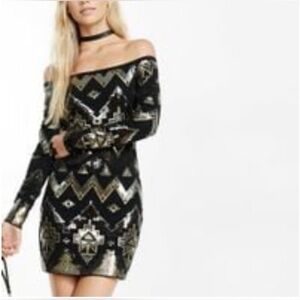 Express Black and Gold Geometric Long Sleeve Dress